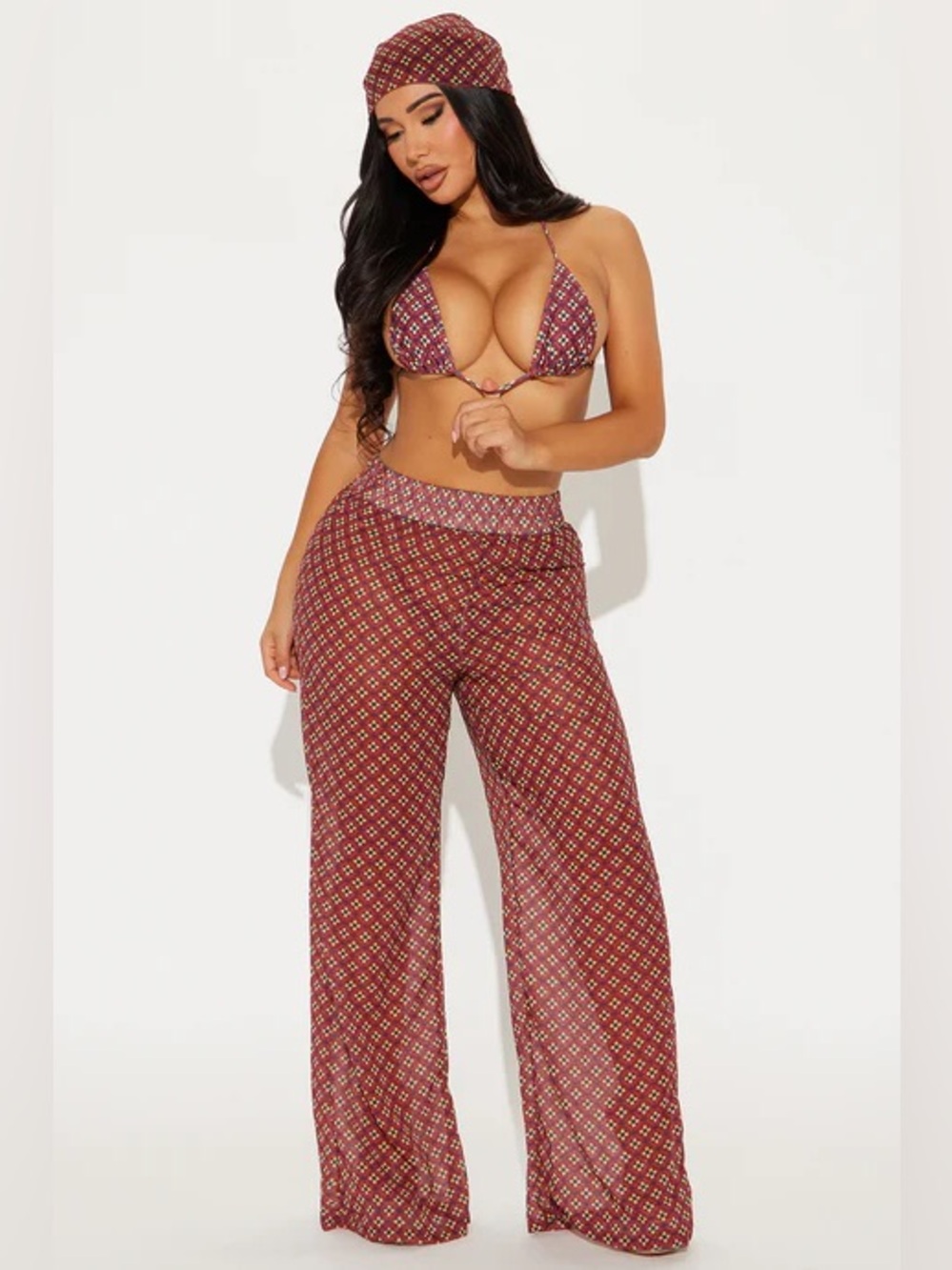 Fashion Nova Patterned Two-Piece Set w Matching Pants & Head Scarf